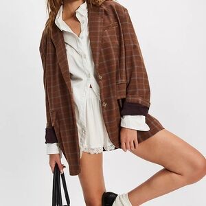 Free People Brown Plaid Blazer